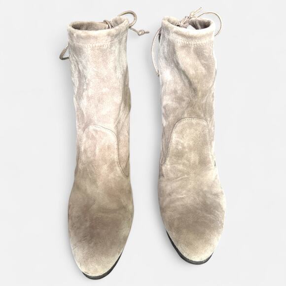 Stuart Weitzman Designer Suede Ankle Boots‎ Taupe Block Heel Tie-Back 9.5 - Picture 4 of 9